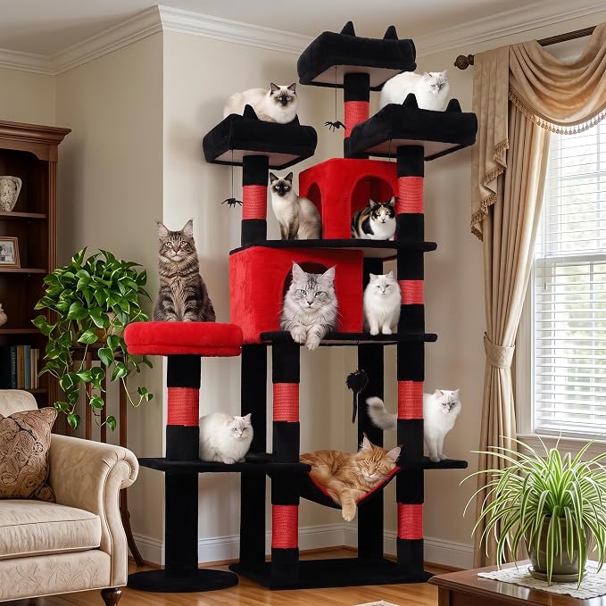 Gothic Cat Tree, 71 Inch Heavy Duty Cat Trees for Large Cats | Cat Tree Tower for Indoor Cats Large Adult with Cat Scratching Post & 2 Condos, 9 Sisal Posts & Hammock, Black Red