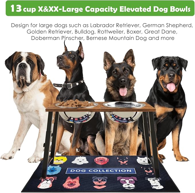 Elevated Dog Bowls for Large Dogs with Slow Feeder & Mat, 4 Height Adjustable & 101oz Bowls, Tall Raised Dog Bowl Stand