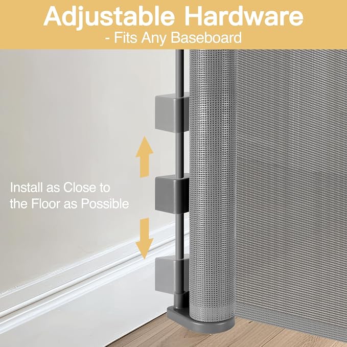 Reinforced 42" Tall x 55" Wide Retractable Baby Gates for Dogs/Easy Install | Indoor/Outdoor Tall Pet Gate, Prevents Crawling Under, Space-Saving, Easy to Use, Scratch-Resistant Mesh, Safety Lock, Gray