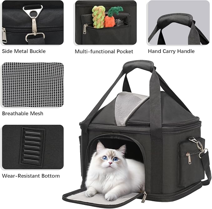 Expandable Pet Dog Cat Carrier, Top Opening Pet Bag for Small Medium Dogs Cats, Collapsible Ventilated Car Travel Comfort Soft-Sided Puppy Carriers Up to 15lbs (Black, 16.2"x11.4"x13"(LxWxH))