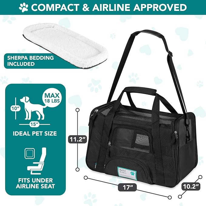 PetAmi Airline Approved Pet Carrier for Cats & Small Dogs, Soft Sided TSA Travel Carrier Bag with Sherpa Bed, Breathable Mesh Ventilation, Collapsible Bowl, Fits Under Seat, Up to 18 lbs, Small Black