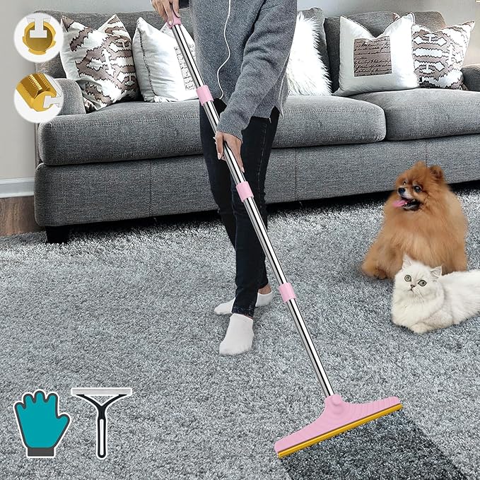 Carpet Rake for Pet Hair Removal, Carpet Scrape for Rug Pink | Reusable Pet Hair Remover, 60" Adjustable Long Handle,for Dog Cat Hair, For Rugs, Mats, Couch, Furniture