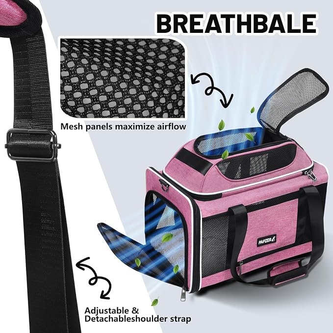 Top-Expandable Cat Carrier 18x11x11, United Delta American Airline Approved | Soft-Sided Small Dog Pet Carry Bag Travel Under-Seat in Cabin, Puppy Airplane Crate 10lbs TSA Plane Kitten Cage Kennel Pink
