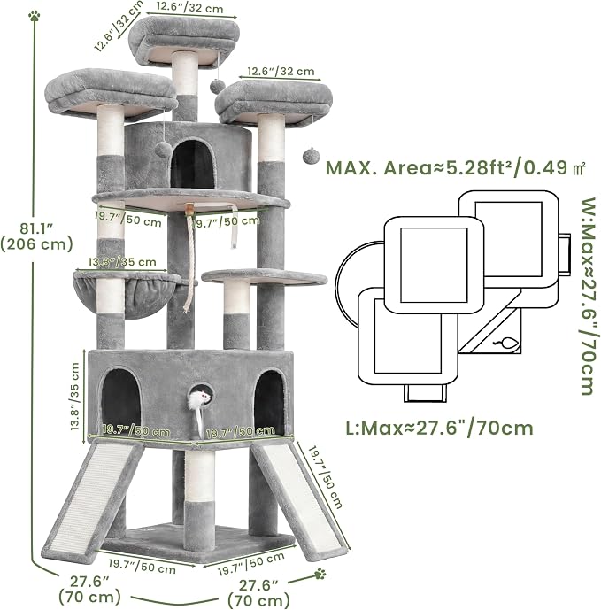Cat Tree, 81.1" Tall Heavy Duty Cat Tower for Large Cats VCT032W | Cat Furniture with 3 Wide Platforms, Diamond-Shaped Condo 2 Sisal Scratchers, Hammock & Stable Base, Light Gray