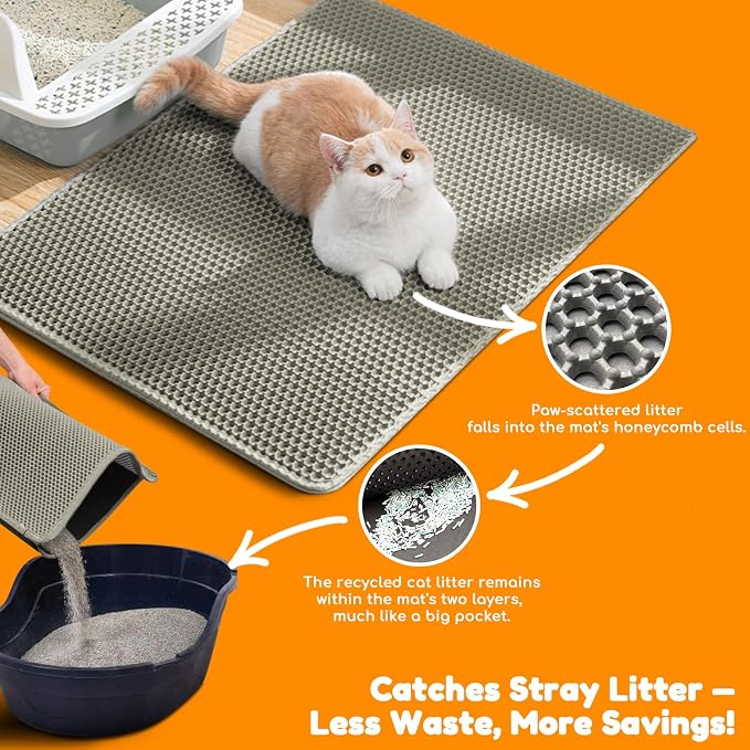 Cat Litter Mat 24"x16",Double Layer EVA litterbox Mat Beige | Extra Large Honeycomb, Waterproof & non-slip, Odor-free, easy clean, washable durable floor protector,scatter control
