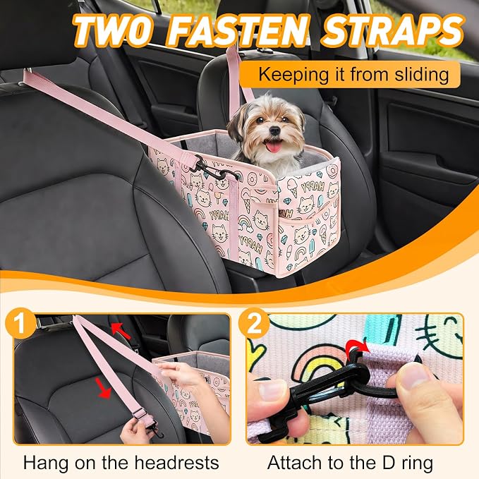 Console Dog Car Seat - Portable Dogs Armrest Booster Seat for Small Dog, Foldable Pet Car Seat with Safety Belt, Pink Kitten