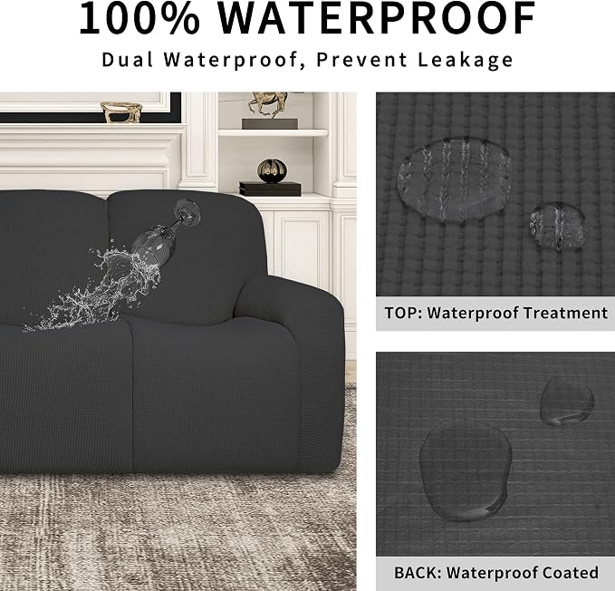 Easy-Going 100% Dual Waterproof Recliner Loveseat Cover, 6-Pieces Stretch Relining Sofa Cover with Pocket, Jacquard 2 Seat Sofa Slipcover Leakproof Washable (Loveseat, Dark Gray)