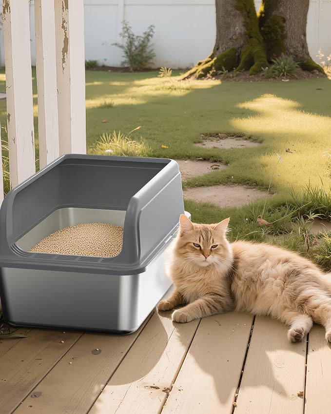 Powools Stainless Steel Cat Litter Box, High-Sided, Grey, XXL (1 Pack) | Metal Litter Box with Scoop, Anti-Leakage Top Entry, Non-Sticky, Easy to Clean, 8-Inch Splash-Proof Deep Pan
