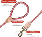Mile High Life Dog Leash with Genuine Leather Connection, Reflective | Rope Leash, Heavy Duty 360° Swivel Metal Clasp, for Small Medium & Large Dogs Walking (Red, 48 Inch-1/2)