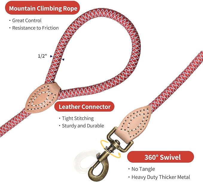 Mile High Life Dog Leash with Genuine Leather Connection, Reflective | Rope Leash, Heavy Duty 360° Swivel Metal Clasp, for Small Medium & Large Dogs Walking (Red, 48 Inch-1/2)