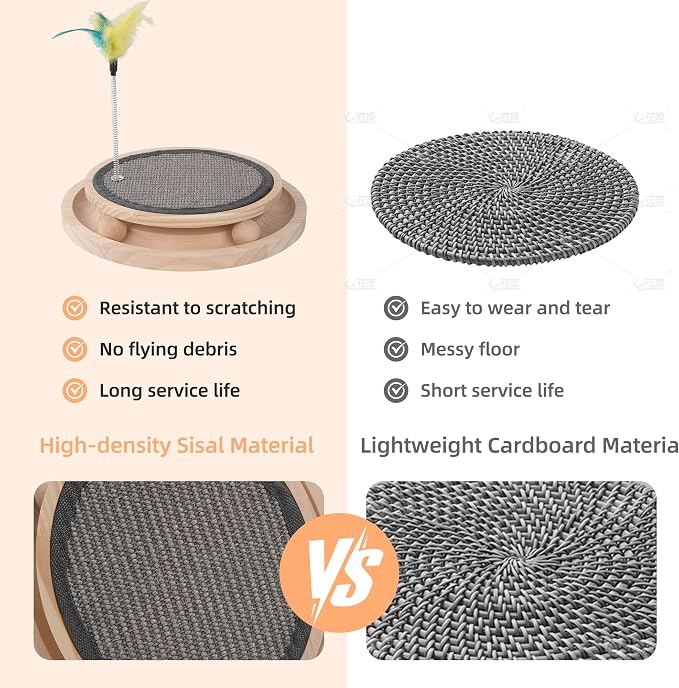 Natural Sisal Round Cat Scratcher with Ball Track Toy | Interactive, For Indoor Cats, Chasing Hunting Exercise, Mental Physical Puzzle, Kitten Toys