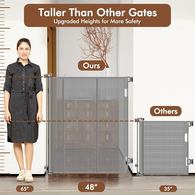 Reinforced 48" Extra Tall X 100" Extra Large Baby Gates for Wide Openings Long Dog Gate for Doorway Mesh Gates for Pets Retractable Dog Gate Indoor/Outdoor Tall Baby Gate for Cats, Gray