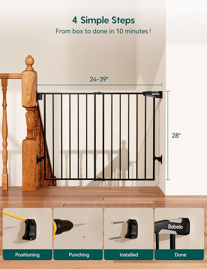 Babelio Baby Gate for Stairs, Kitchen & Doorways, No Bottom Bar| Easy Install| One-Handed Operation| Auto-Close| Hardware Mount Safety Dog Gate (Black, 28" H, 24-39" W-Compact) | Easy Install| One-handed Opening| Auto-close| Drill Needed Indoor Safety ...