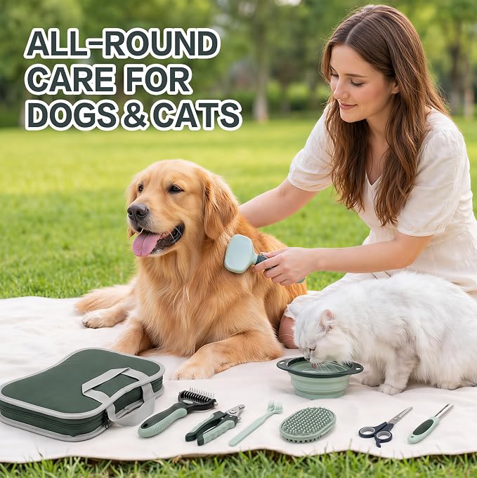 Thalirem 8-in-1 Dog Grooming Kit with Collapsible Travel Bowl | Portable grooming tools and storage bag for dogs and cats at home or outdoors