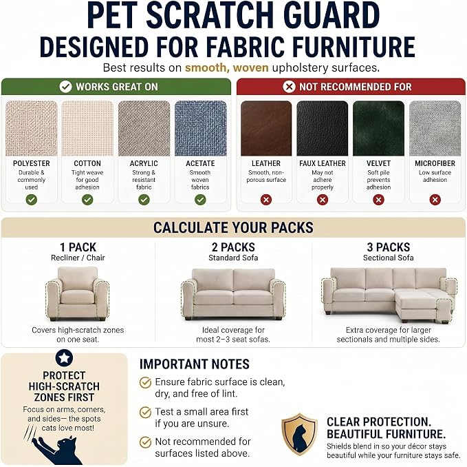 Cat Scratch Furniture Protector - 12 Pack XL | 17" x 12" Sheets, Sofa Guard, Claw-Deterrent Pet Coverage, Self-Adhesive with 50 Twist Pins, Cuttable to Fit