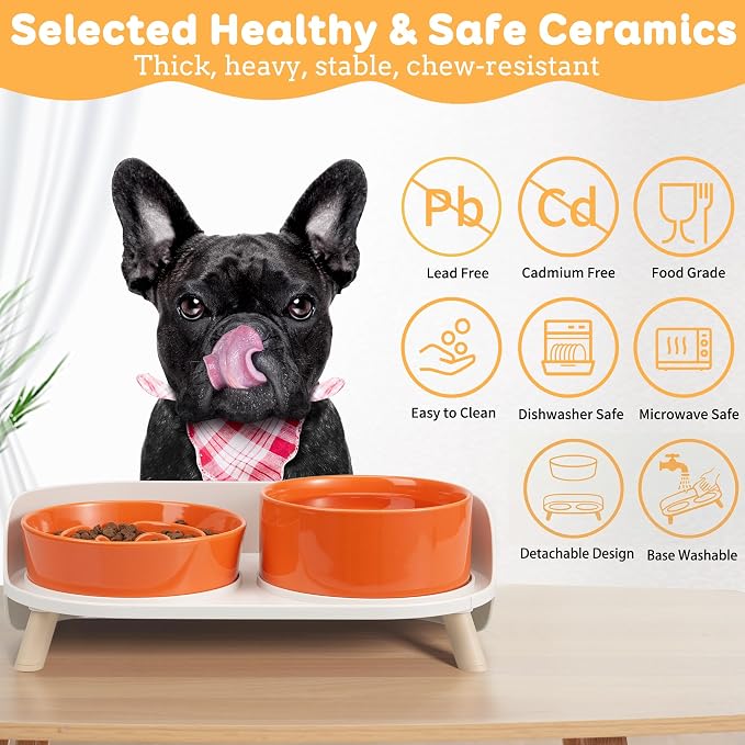Elevated Slow Feeder Dog Bowls with Splash Proof Stand, Slow Eating 5X | 6.5″ Dog Slow Feeding Bowls & 6.1″ Dog Food Dish, Non-Slip Raised Food and Water Bowl Set for Small and Medium Breeds, Orange