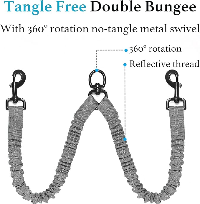 iYoShop Dual Dog Leash - 360° Swivel, No Tangle Walking Leash with Shock Absorbing Bungee for Two Dogs (Large, 25-150 lbs, Grey)