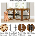 LZRS 3-Panel Freestanding Adjustable Wooden Dog Gate—30" Tall Foldable Pet Barrier with Support Feet, Chew-Resistant Solid Hardwood & Steel Wire Safety Fence for Doorways, Hallways, and Stairs, Cherry