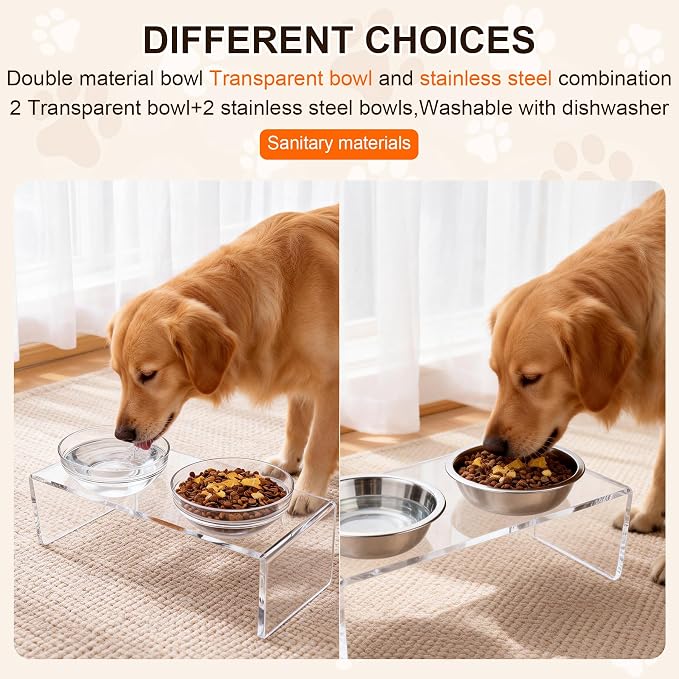 Clear Acrylic Elevated Dog Cat Bowls with Stainless Steel Bowls | Acrylic Elevated Dog Cat Bowls,Equipped with 2 Detachable Transparent Bowls and 2 Stainless Steel Bowls