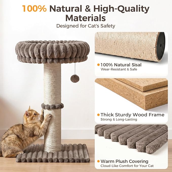 Avont 28.7" Sisal Cat Scratching Post with Large Plush Perch, Taupe | Large Cat Scratcher Tower & Plush Elevated Cat Bed with Removable & Washable Cover, Sturdy Cat Perch for Indoor Cats