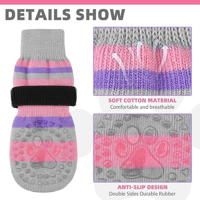 KOOLTAIL Anti Slip Dog Socks for Hot/Clod Pavement to Prevent Licking Paws with Grippers, 3 Pairs Paw Protector, Double Sides Stripe Dog Shoes Toe Grips for Small Medium Large Senior Dogs
