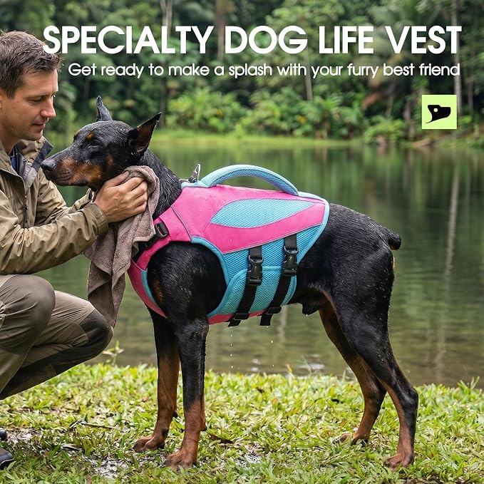Life Jacket for Large Dogs, High Buoyancy Dog Life Vest for Swimming, Adjustable Dog Swimming Vest Lifejacket with Reflective Strips Rescue Handle for Boating, Hot Pink XXL