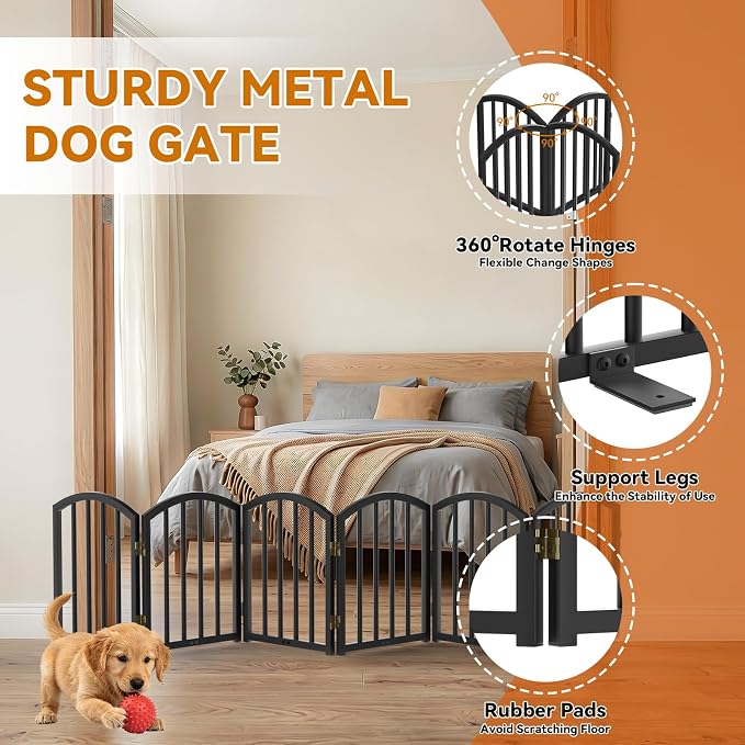 SNUOWU 16 Inch Full Metal Freestanding Short Dog Gate for Small Dogs, Foldable 6-Panel Pet Barrier, Expands Up to 72" Wide, Indoor Safety Fence for Doorway, Home & Stairs, Black