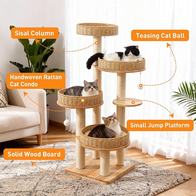 54in Solid Wood Cat Tree for Indoor Cats, Modern Tall Cat Tower | Multi-levels Cat Condo, with Scratching Post, with 4 Handwoven Rattan Cat Bed, for Large Cat, Easy to Clean