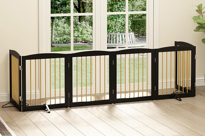 PUPETPO Freestanding Pet Gate for Dogs, Foldable Wooden Dog Gate for House, Extra Wide Indoor Pet Barrier for Stair, Doorway, Hall, Support Feet Included, 120 Inch Wide, 6 Panels 24",Black&Gold