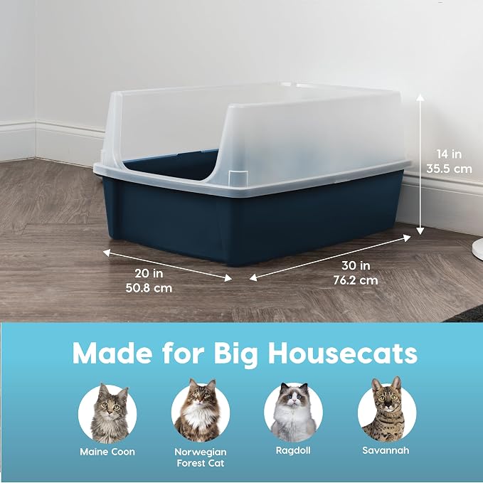 IRIS USA XX-Large High Sided Cat Litter Box, Scatter Shield, Navy | Maine Coons, Big Cat Accommodation, Oversized Basin, Extra Room Interior, Generous Dimensions, Comfortable Space