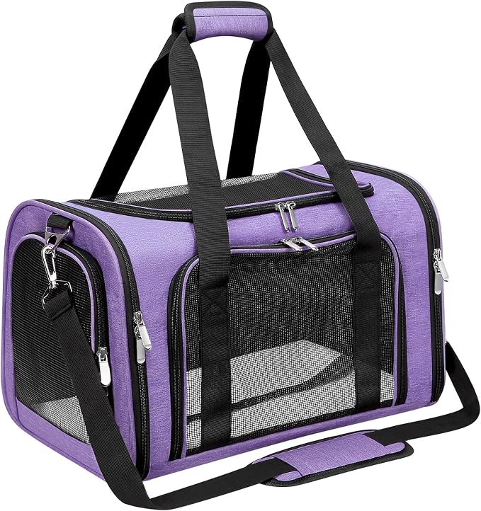 Soft-Sided Cat/Dog/Pet Carrier, Collapsible Pets Travel Carriers for Big Cats/Small Dogs with Shoulder Strap & Removable Mat, Mesh Puppy Carry Bag, Up to 16 Lbs, TSA Airline Approved(Purple)