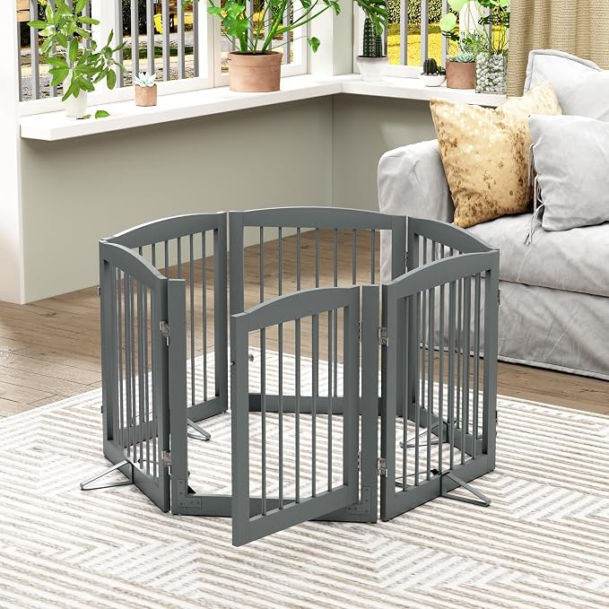 PUPETPO Freestanding Pet Gates with Walk Through Door, Dog Indoor Fence, Dog Gate for The House, Doorway, Stairs, Extra Wide Pet Gate, Support Feet Included, 120 Inch Wide, 6 Panels 24" Tall, Gray
