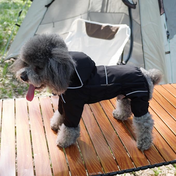 LOVELONGLONG Fleece-Lined Dog Raincoat with Removable Hood – Waterproof Winter Full Body Dog Jacket – Windproof Snowproof Cold-Weather Suit – Black-F XL