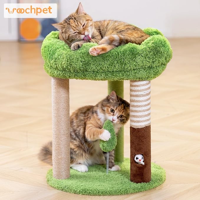 Woochpet 20" Small Cat Tree with 3 Scratching Posts and Perch Bed | Removable Washable Top Cover, Natural Sisal Rope, Compact Design, For Small Cats and Kittens