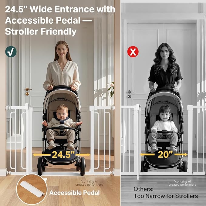 Cumbor 36.6-59" Extra Wide Baby Gate for Stairs, Pressure Mounted Dog Gate for Doorways, Auto-Close Easy Walk Through Safety Child Gate for Kids Toddler, Tall Pet Gates Indoor, White