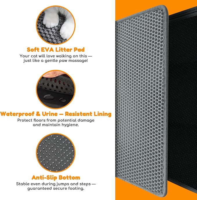Cat Litter Mat 24"x16",Double Layer EVA Litterbox Mat Dark Gray | Extra Large Honeycomb, Waterproof & non-slip, Odor-free, easy clean, washable durable floor protector,scatter control