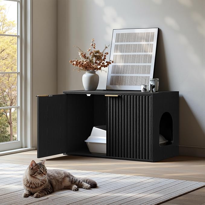 Evermagin 31.5" Cat Litter Box Enclosure Furniture | Black Hidden Litter Box Cabinet, Modern Indoor Cat House, Fluted Kitty End Table for Living Room, Bedroom, Entryway