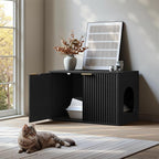 Evermagin 31.5" Cat Litter Box Enclosure Furniture | Black Hidden Litter Box Cabinet, Modern Indoor Cat House, Fluted Kitty End Table for Living Room, Bedroom, Entryway