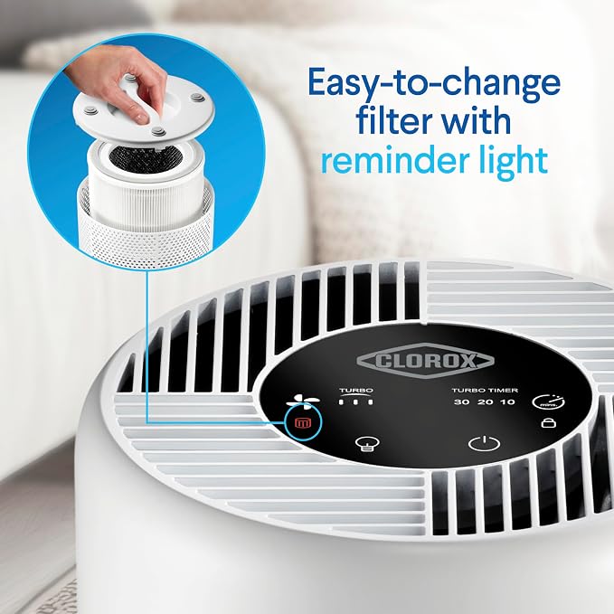 Clorox Small Room Turbo Air Purifiers for Home With True HEPA Filter | 613 Sq Ft | Reduces 99.9% of Mold, Viruses, Wildfire Smoke, Allergens, Pet Allergies, Dust | Whisper Quiet