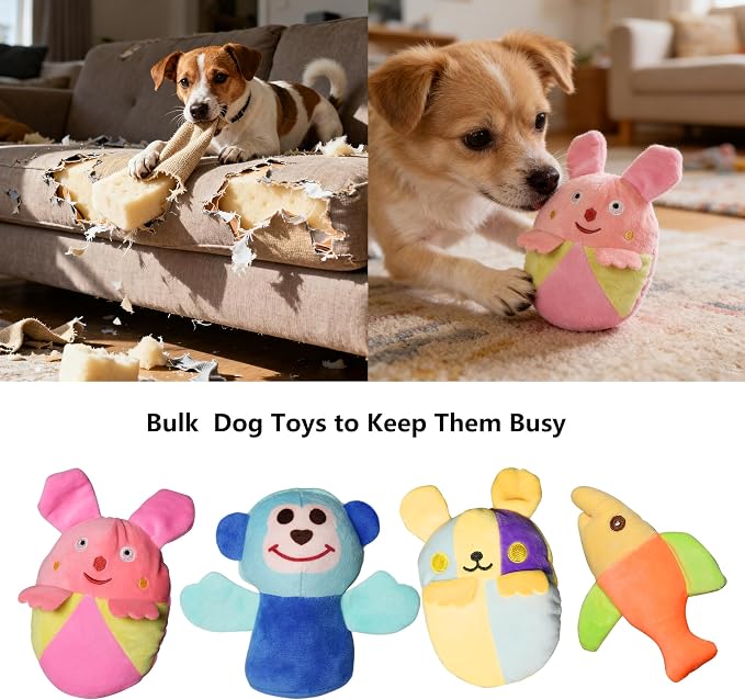 32-Pack Small Squeaky Dog Toys Bulk, Cute Fruits & Animal Stuffed Plush Puppy Toys, Soft Teething Toy Bundle for Small Medium Dogs & Puppies