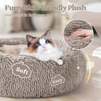 rabbitgoo Calming Cat Beds for Indoor Cats, 20 inches, Khaki | Soft Warm Donut, Fluffy Faux Fur, Supportive Raised Rim, Anti-slip, Machine Washable, Up to 15lbs Kittens & Small Cats