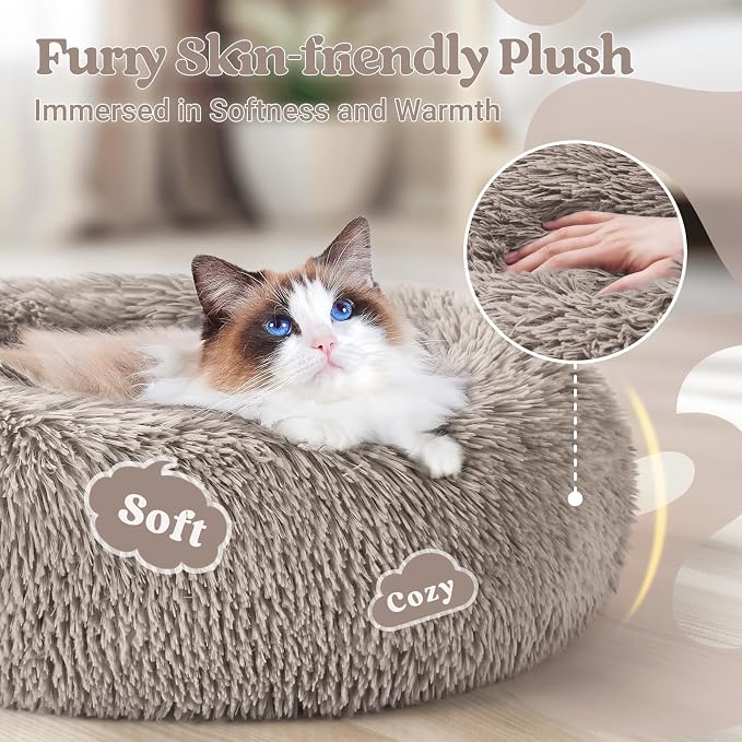 rabbitgoo Calming Cat Beds for Indoor Cats, 20 inches, Khaki | Soft Warm Donut, Fluffy Faux Fur, Supportive Raised Rim, Anti-slip, Machine Washable, Up to 15lbs Kittens & Small Cats