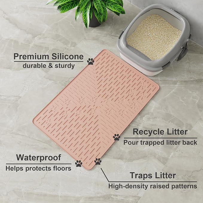 Cat Litter Mat, 23.5x16 Silicone Trapping Mat Coral | for Kitty Litter Box, Easy Clean, BPA Free Rubber, Center Litter Collection, Easy Pour-Back, Waterproof, Odor-Resistant