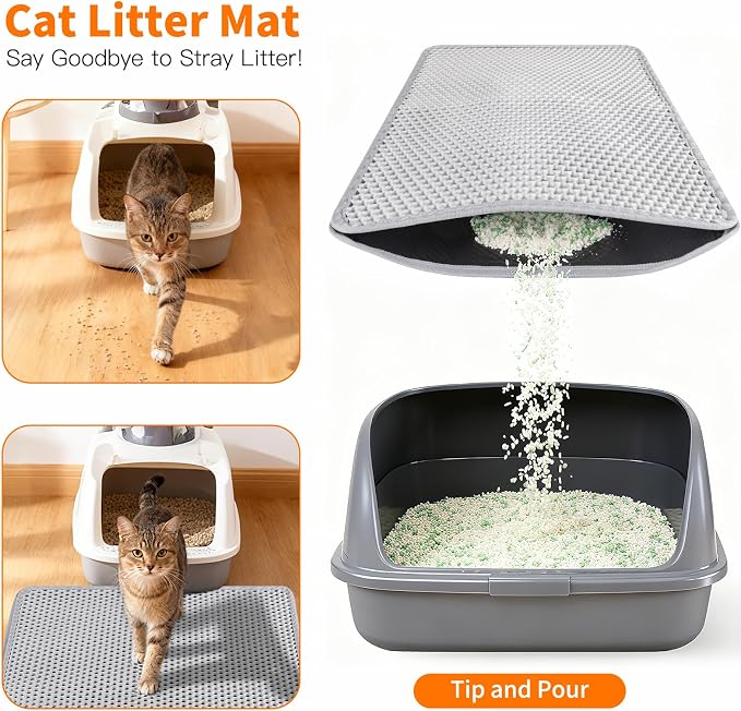 Large Cat Litter Box Mat for Cats, Double Layer Cat Litter Trapping Mats | Waterproof, Urine Proof, Non-Slip Litter Pad for Indoor Honeycomb Large Cat Litter Mat, Easy to Clean Grey (33.8'' x 23.6'')
