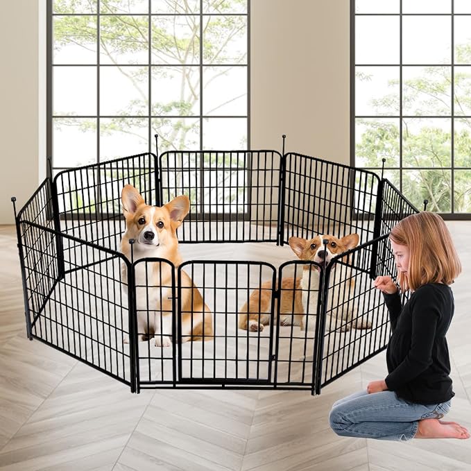 Getlay Tall Garden Fence with Gate 48 in(H)×27 in(L) 12 Panels Total 26.6 Ft(L), Garden Fencing to Keep Dogs Out, Heavy Duty Iron Metal Animal Barrier Fence, Flower Bed Fencing