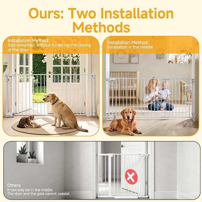 23.8"-60.6" Extra Wide Baby Gate for Stairs, Metal Pet Dog Gate for Doorways Indoor, 2 Installation Positions, Hardware Mount, 29.1”H Walk Through Safety Child Gate for Kids Toddler, White