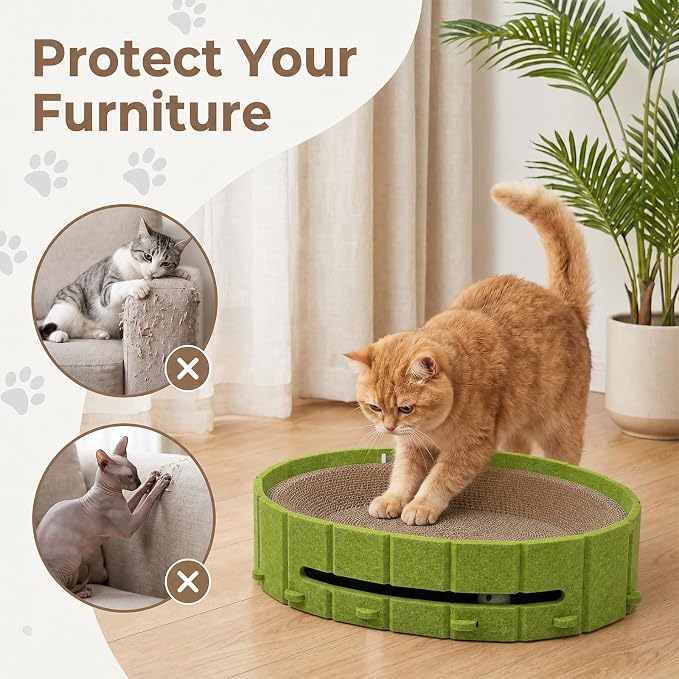 Interactive Cat Scratcher Lounge Bed Heavy Duty Corrugated Cardboard Cat Scratching Pad Bowl with Built-in Track & 2 Bell Balls for Indoor Cats Claw Care and Rest Cat Scratching Bowl，Green