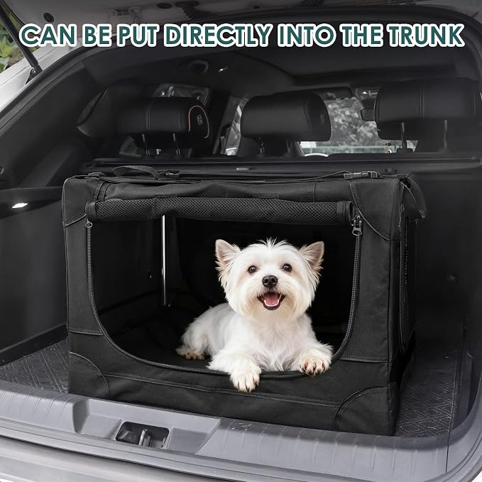 Soft Small Dog Crate - 24 inch Portable Travel Puppy Crate for Small Pets or 2 Cats, Collapsible Pet Carrier with 4 Mesh Doors, Car Kennel for Dogs with Handle for Indoor and Outdoor, Black