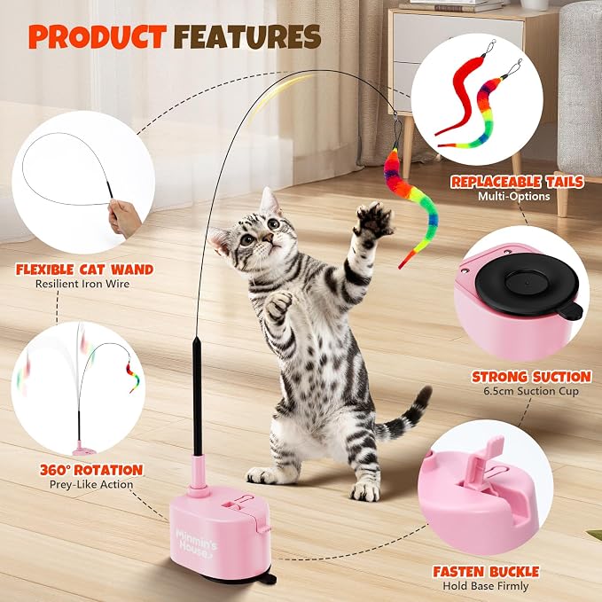 Interactive Cat Toys For Indoor Cats, 360° Flying Automatic Cat Toy, Pink | Rechargeable, Strong Suction Base, Self-Play & Handheld, Electric Spin Game Enrichment Toy, Long Kitty Wand for Bored Cats