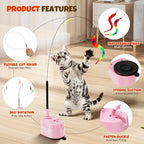 Interactive Cat Toys For Indoor Cats, 360° Flying Automatic Cat Toy, Pink | Rechargeable, Strong Suction Base, Self-Play & Handheld, Electric Spin Game Enrichment Toy, Long Kitty Wand for Bored Cats
